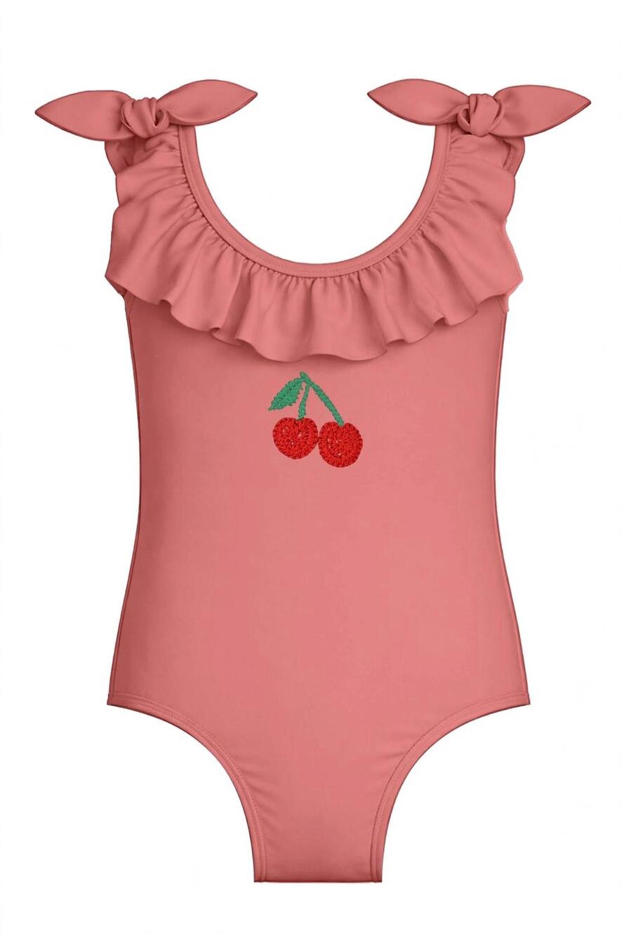NEW SUBMARINE kids' shoulder bow ruffle neckline swimsuit in cherry